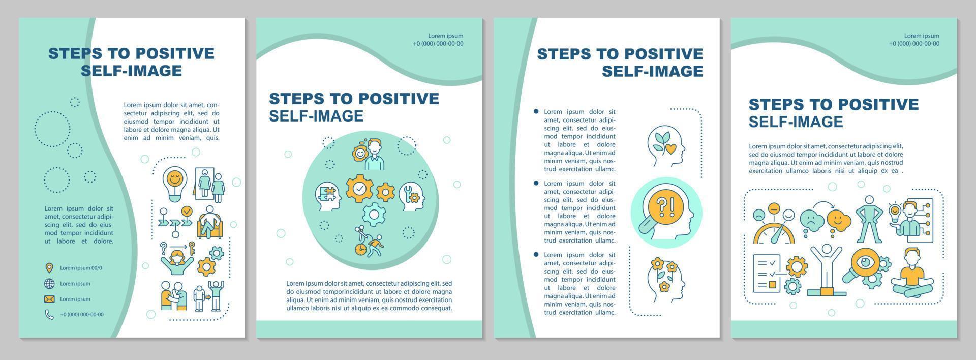 modèle de brochure de guide d'image de soi positive. estime de soi optimiste. dépliant, livret, impression de dépliant, conception de la couverture avec des icônes linéaires. mises en page vectorielles pour la présentation, les rapports annuels, les pages publicitaires vecteur