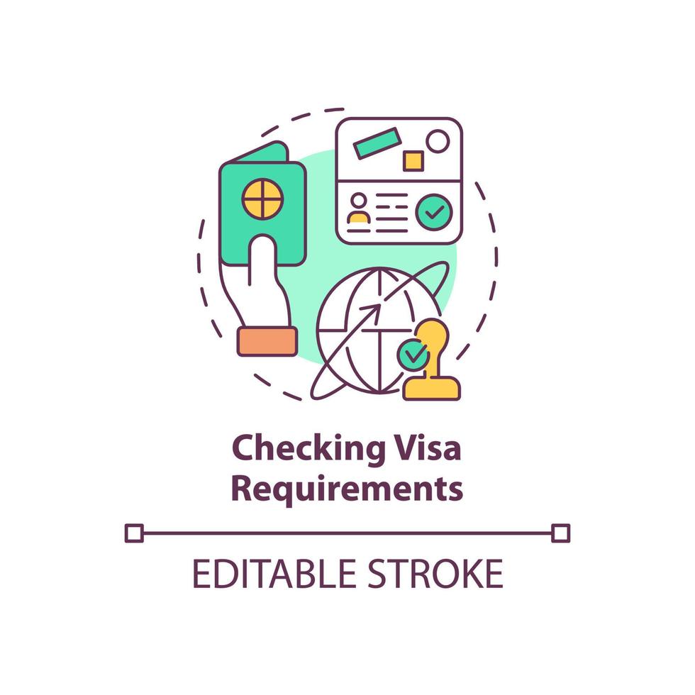 vérification de l'icône de concept d'exigences de visa. choses à considérer lors du déplacement d'une illustration de ligne mince d'idée abstraite. permis pour vivre, travailler à l'étranger. dessin de couleur de contour isolé de vecteur. trait modifiable vecteur