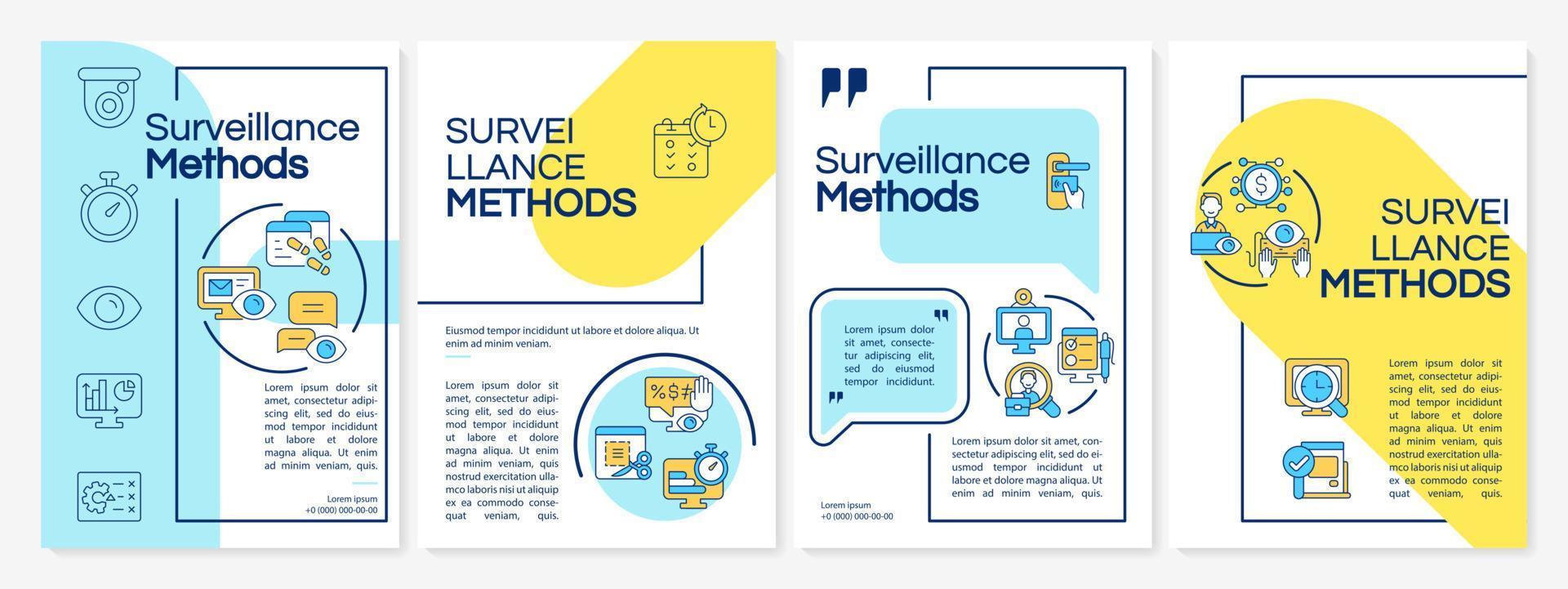 modèle de brochure colorée sur les méthodes de surveillance. surveillance des employés. dépliant, brochure, dépliant imprimé, conception de la couverture avec des icônes. mises en page vectorielles pour la présentation, les rapports annuels, les pages publicitaires vecteur