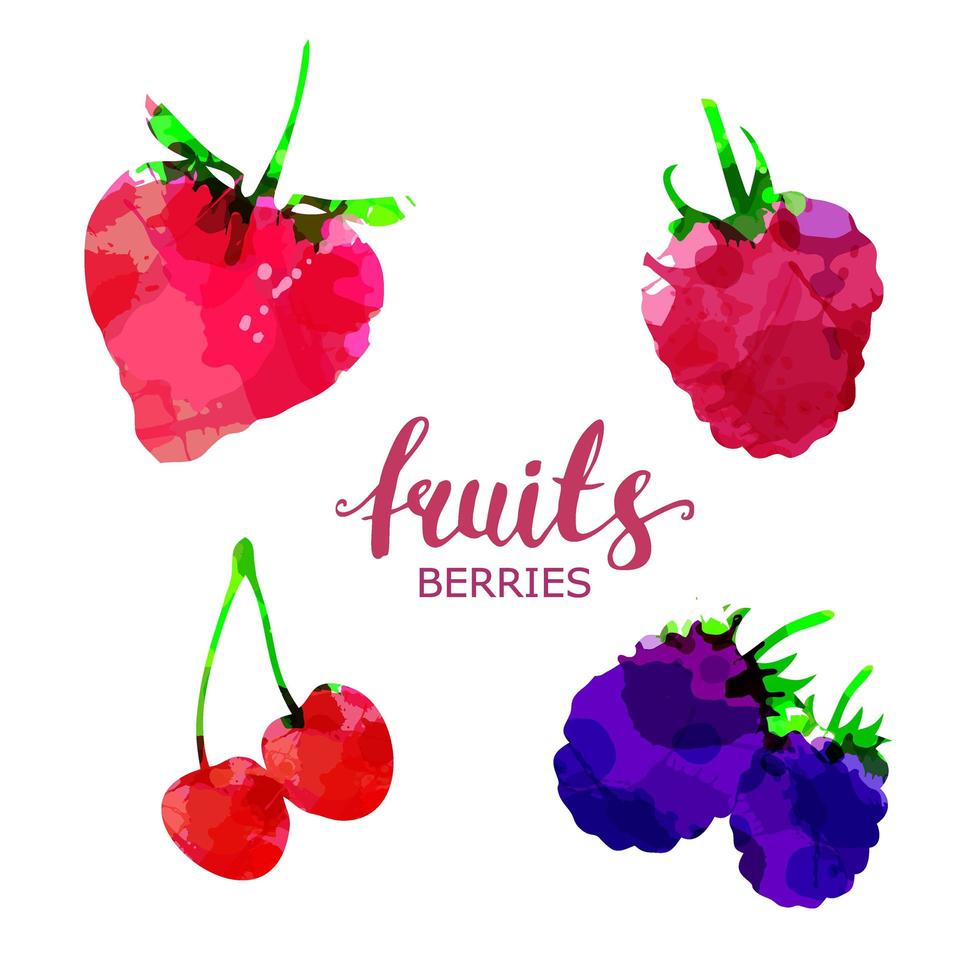 ensemble de fruits dessiné des taches et des taches d'aquarelle avec un spray fraise, framboise, mûre, cerise, baie. illustration de fruits vecteur eco naturel alimentaire isolé sur fond blanc avec lettrage