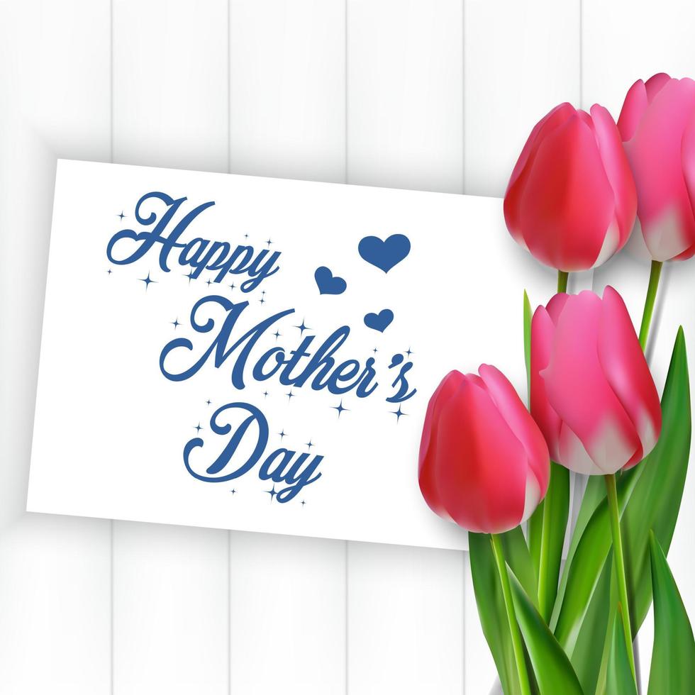 bonne fête des mères avec des tulipes de fleurs et du papier sur fond de bois vecteur