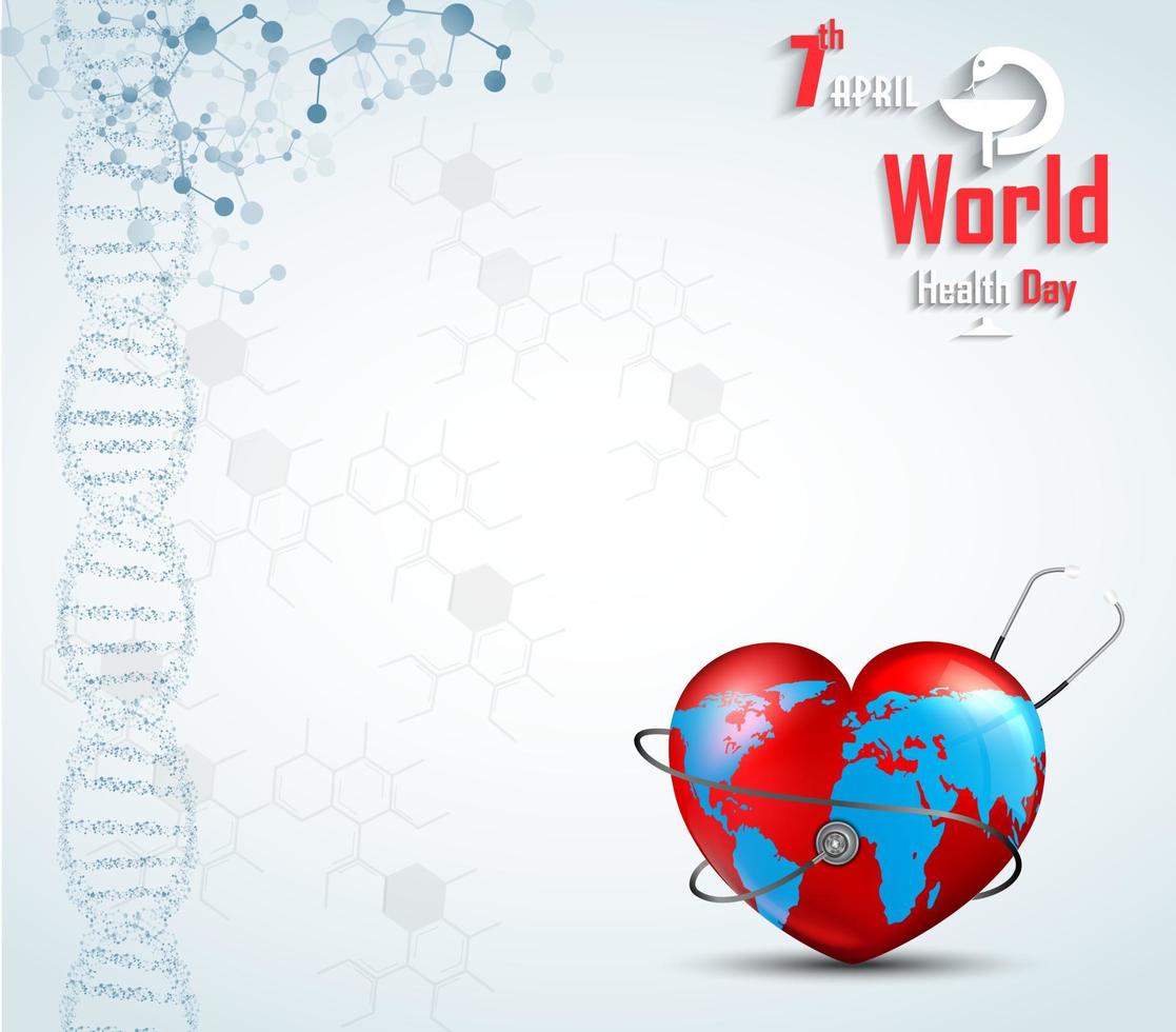 concept de la journée mondiale de la santé avec adn et globe à l'intérieur d'un coeur vecteur