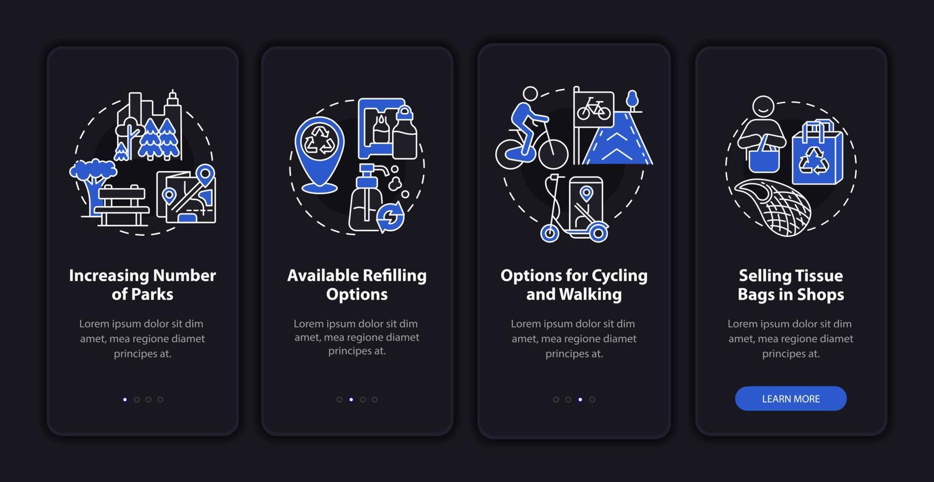 écran de la page de l'application mobile d'intégration des solutions urbaines. option pour le cyclisme, marche pas à pas instructions graphiques en 4 étapes avec concepts. modèle vectoriel ui, ux, gui avec illustrations linéaires en mode nuit