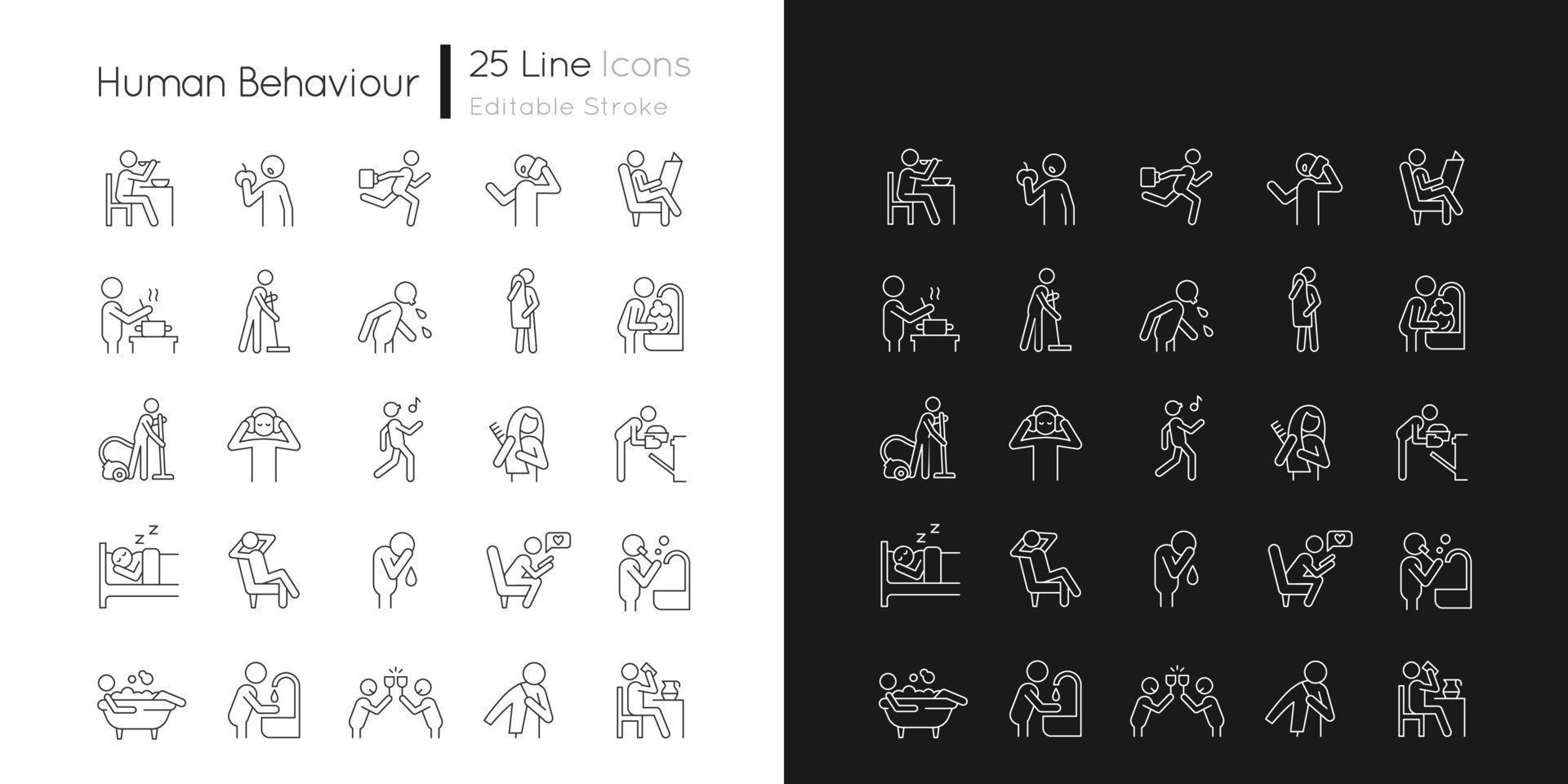 icônes linéaires de comportement humain définies pour le mode sombre et clair. activités de la vie quotidienne. routine quotidienne. symboles de lignes fines personnalisables. illustrations vectorielles isolées. trait modifiable vecteur