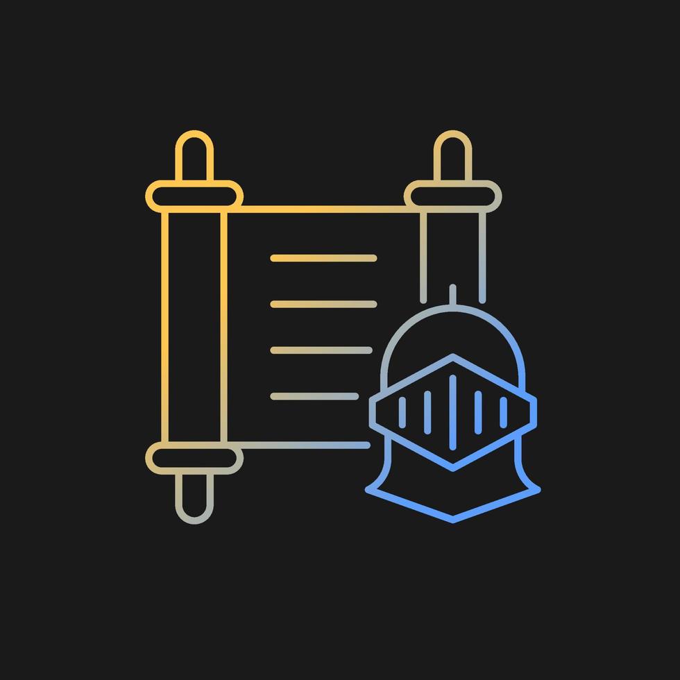 icône de vecteur de gradient d'histoire pour le thème sombre. chevalier médiéval sur fond de défilement antique. éducation culturelle. symbole de couleur de ligne mince. pictogramme de style moderne. dessin de contour isolé de vecteur