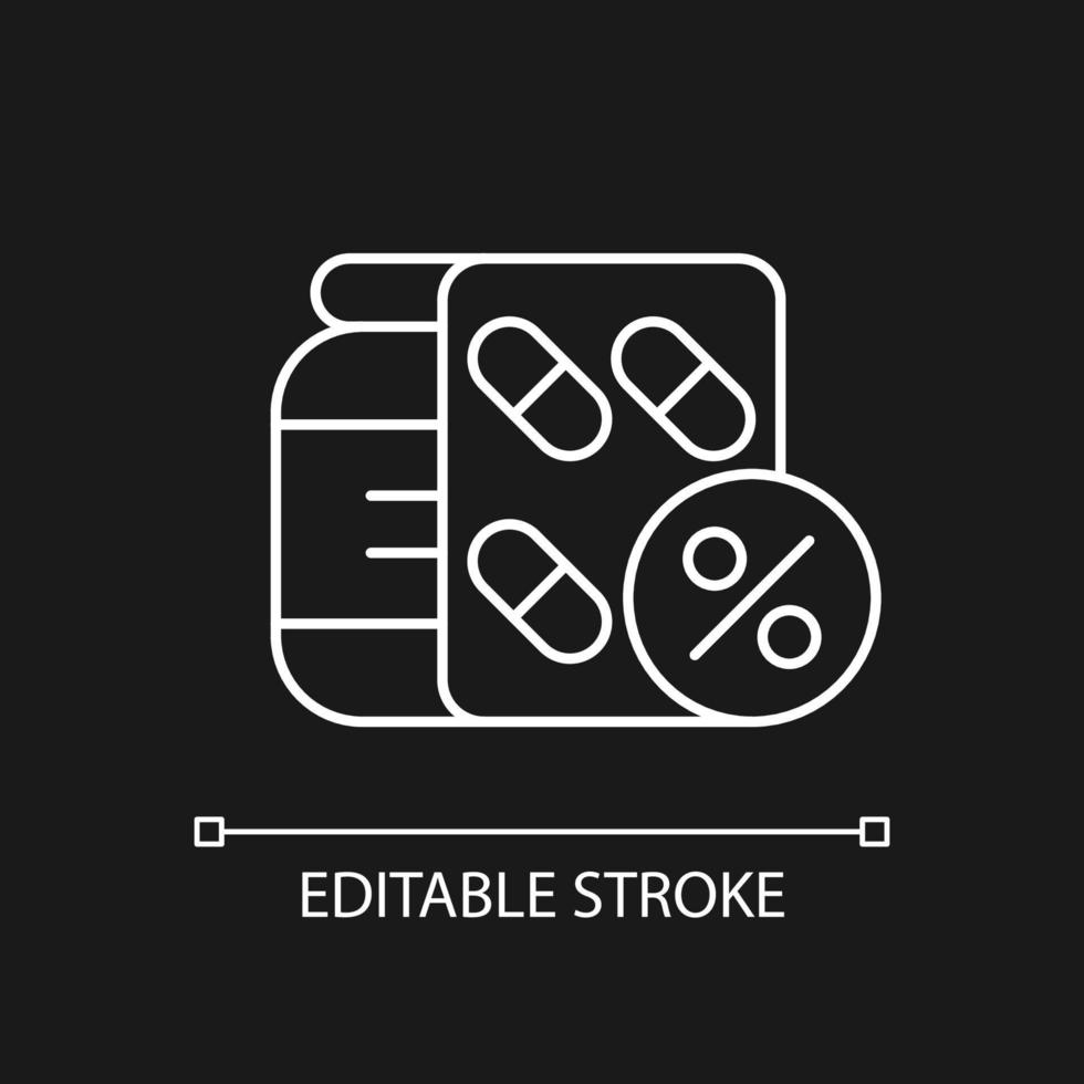 réduction du coût des médicaments sur ordonnance icône linéaire blanche pour le thème sombre. offrant des avantages pour la santé. illustration personnalisable en ligne mince. symbole de contour vectoriel isolé pour le mode nuit. trait modifiable