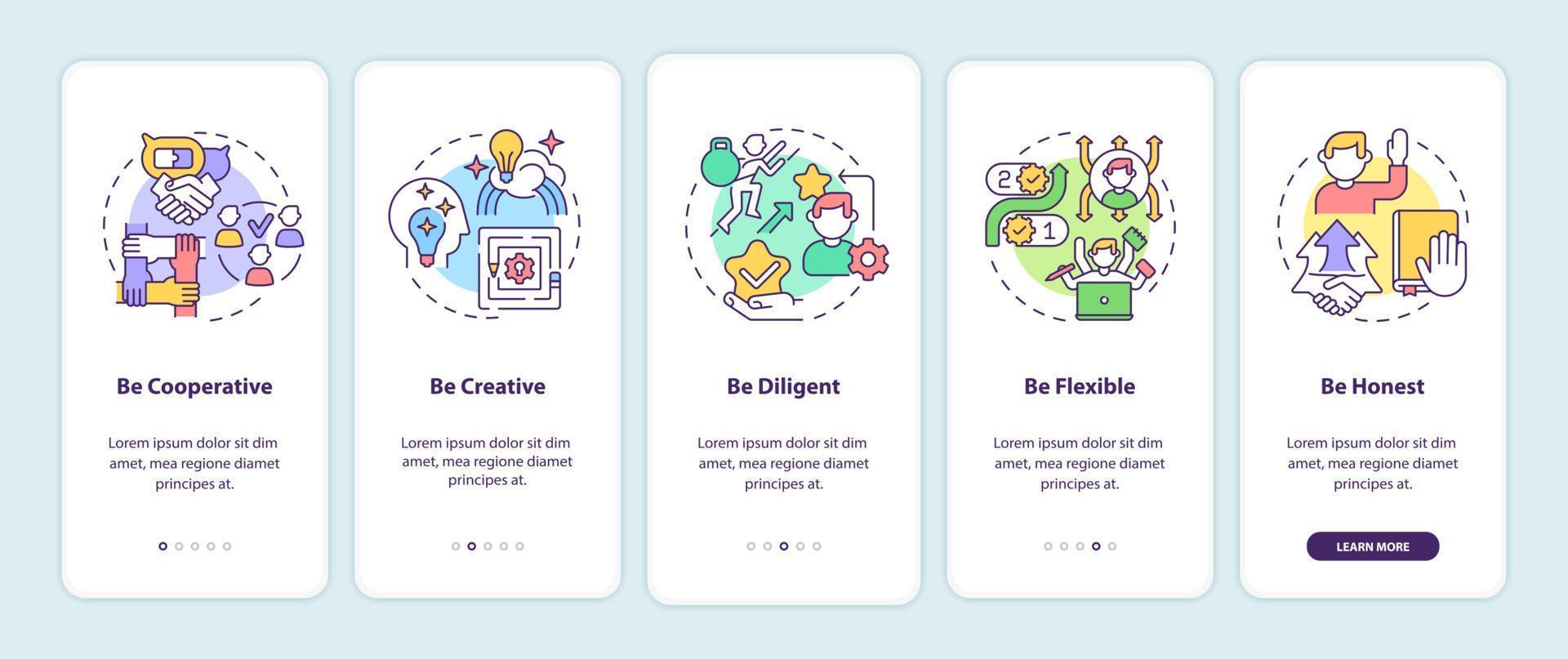 traits de personnalité pour l'avancement de carrière sur l'écran de la page de l'application mobile d'intégration. procédure pas à pas de succès instructions graphiques en 5 étapes avec concepts. modèle vectoriel ui, ux, gui avec illustrations couleur linéaires