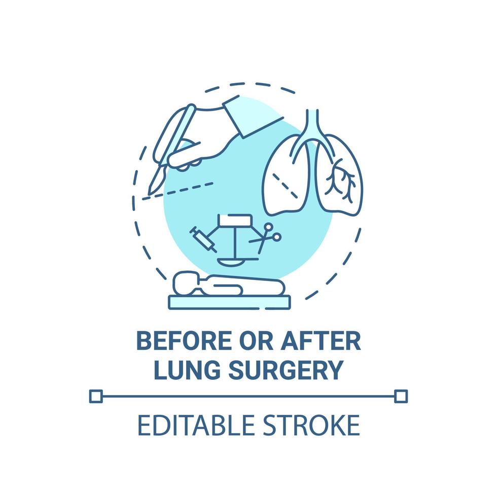 avant et après l'icône de concept bleu de chirurgie pulmonaire. illustration de la ligne mince de l'idée abstraite de l'opération pulmonaire. préparation et récupération. dessin de couleur de contour isolé de vecteur. trait modifiable vecteur