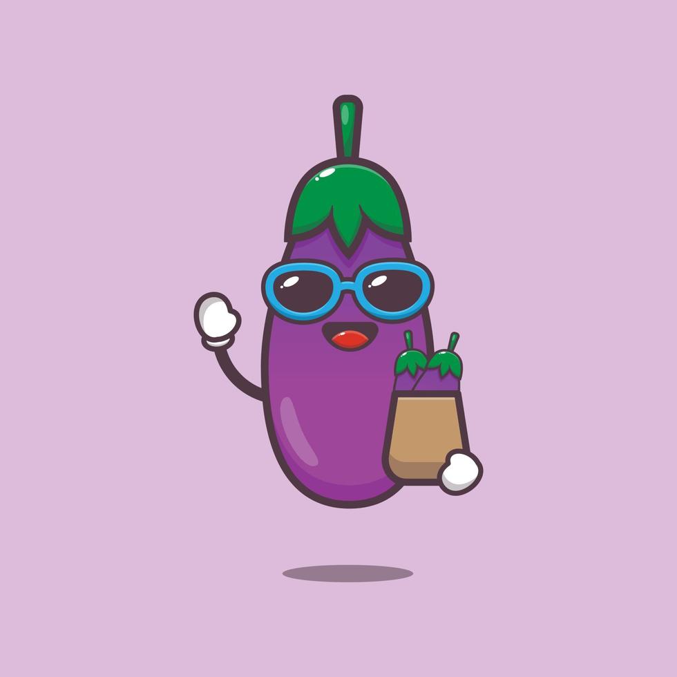 personnage de dessin animé mignon aubergine à lunettes de soleil avec sac à provisions vecteur