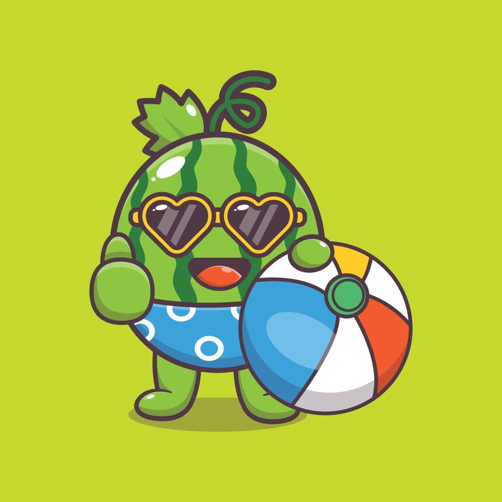 personnage de mascotte de dessin animé mignon pastèque dans des lunettes de soleil tenant un ballon de plage vecteur