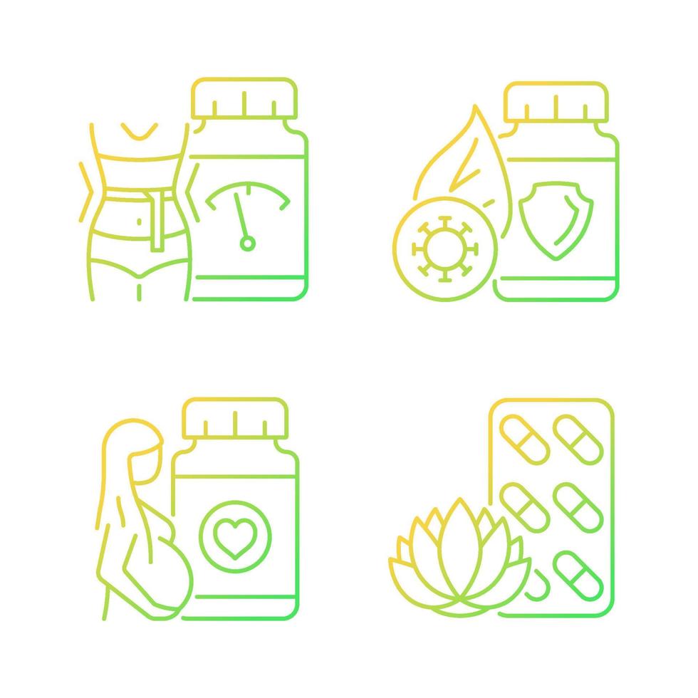 ensemble d'icônes vectorielles linéaires à gradient de compléments alimentaires. pilules pour femmes enceintes. antioxydants. médicament pour rester calme. ensemble de symboles de contour de ligne mince. collection d'illustrations de contour isolé vecteur