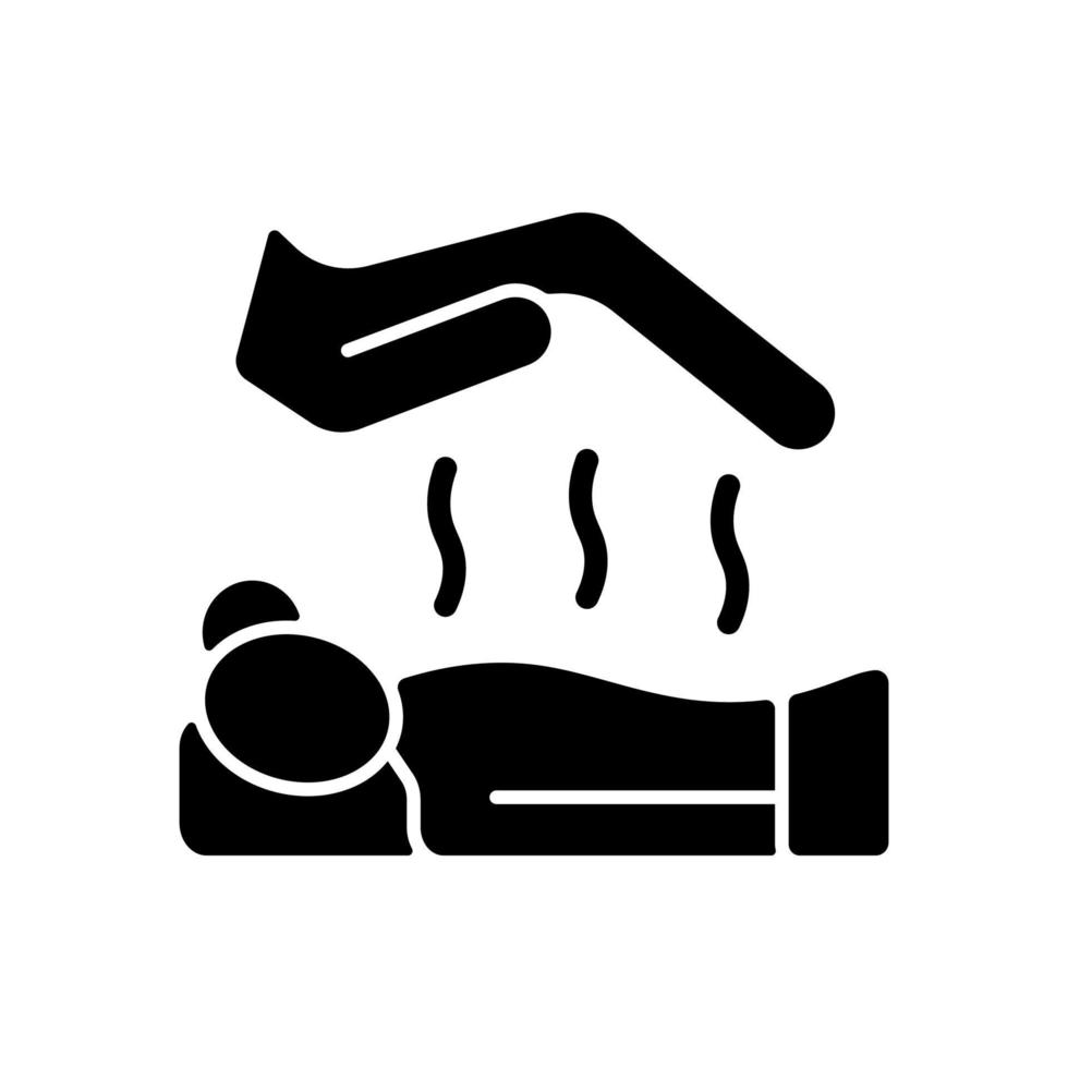 icône de glyphe noir de massage reiki. médecine douce. manipuler un flux d'énergie sain. technique japonaise. traitement non invasif. symbole de la silhouette sur l'espace blanc. illustration vectorielle isolée vecteur