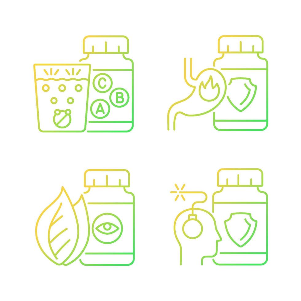 ensemble d'icônes vectorielles linéaires à gradient de compléments alimentaires. soulagement des brûlures d'estomac. désordre mental. comprimés de vitamines solubles dans l'eau. ensemble de symboles de contour de ligne mince. collection d'illustrations de contour isolé vecteur