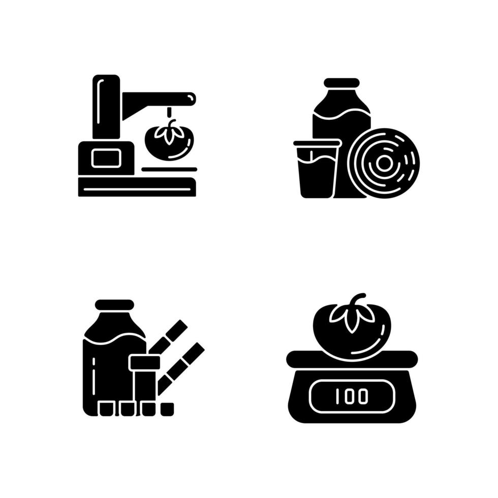 tester les propriétés physiques des aliments icônes de glyphe noir définies sur l'espace blanc. évaluation de l'aspect visuel. peser et mesurer. numération moléculaire et bactérienne. symboles de silhouettes. illustration vectorielle isolée vecteur