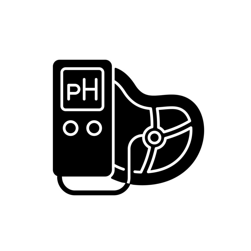 icône de glyphe noir de mesure du ph alimentaire. quantité d'acidité et d'alcalinité des produits. valeur ph nutritionnelle. test alimentaire avec ph-mètre. symbole de la silhouette sur l'espace blanc. illustration vectorielle isolée vecteur