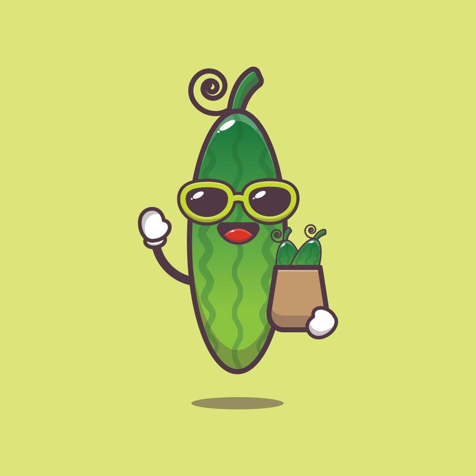 personnage de dessin animé mignon de concombre dans des lunettes de soleil avec sac à provisions vecteur