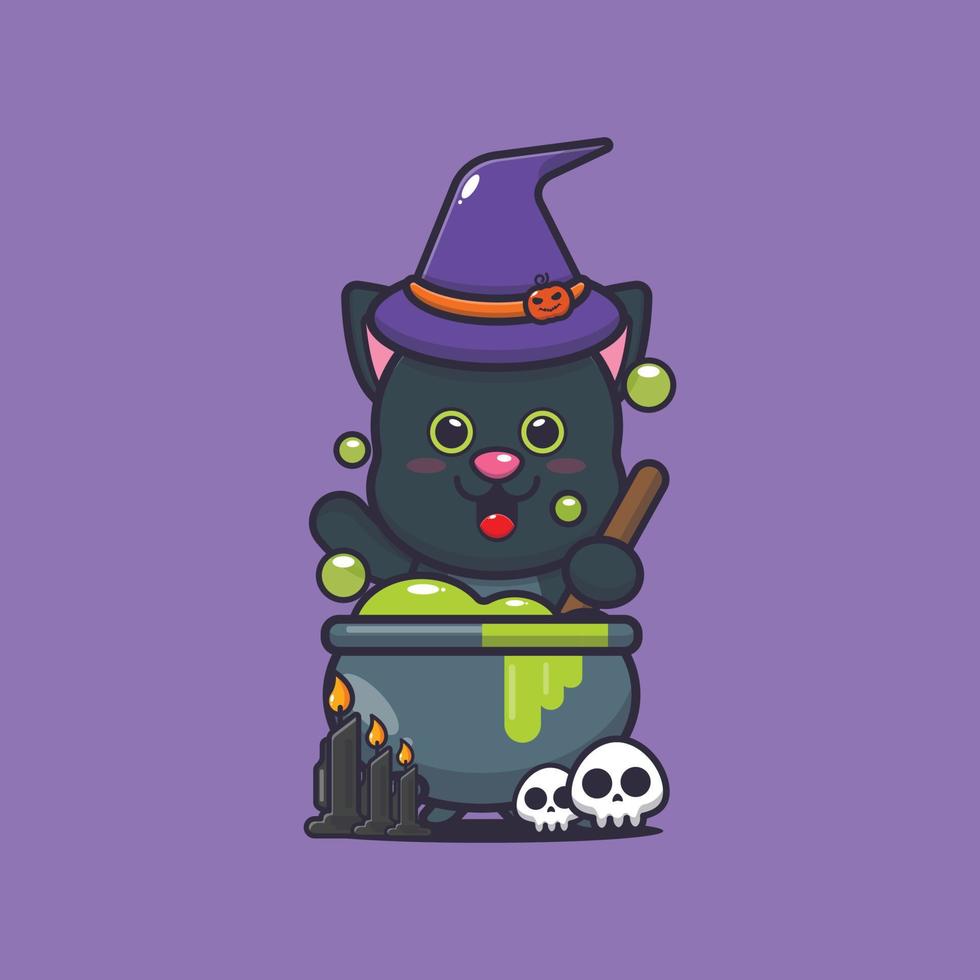 chat mignon sorcière faisant de la potion le jour de l'halloween vecteur