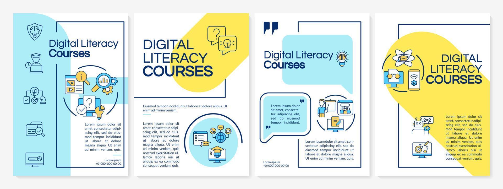 modèle de brochure de cours d'alphabétisation numérique bleu et jaune. compétences informatiques. conception de dépliant avec des icônes linéaires. 4 mises en page vectorielles pour la présentation, les rapports annuels. polices questrial, lato-regular utilisées vecteur