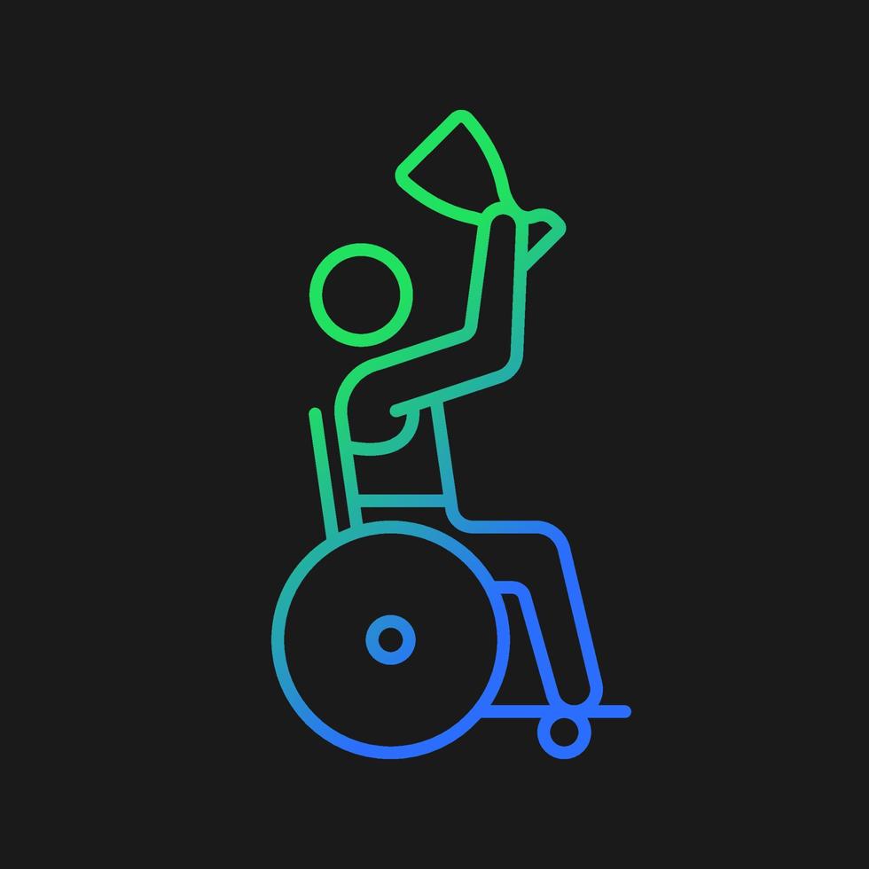 gagnant du concours avec l'icône de vecteur de gradient d'invalidité pour le thème sombre. athlète tenant la coupe du prix. sportifs handicapés. symbole de couleur de ligne mince. pictogramme de style moderne. dessin de contour isolé de vecteur