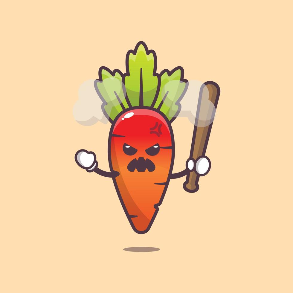personnage de mascotte de dessin animé de carotte en colère mignon tenant un bâton de baseball vecteur