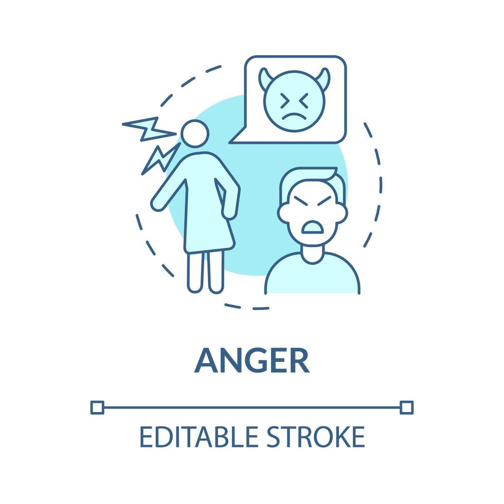 icône de concept de colère turquoise. étape d'acceptation du divorce. illustration de la ligne mince de l'idée abstraite du stade mental. dessin de contour isolé. trait modifiable. roboto-medium, une myriade de polices pro-gras utilisées vecteur