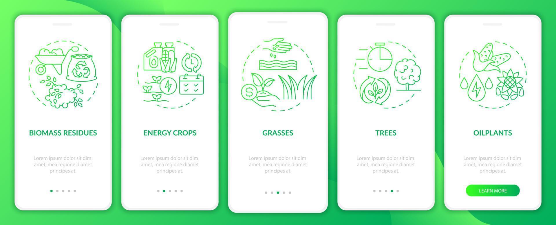 ressources de biomasse sur l'écran de l'application mobile d'intégration du gradient vert de la ferme. pas à pas en 5 étapes pages d'instructions graphiques avec des concepts linéaires. ui, ux, modèle d'interface graphique. une myriade de polices pro-gras régulières utilisées vecteur