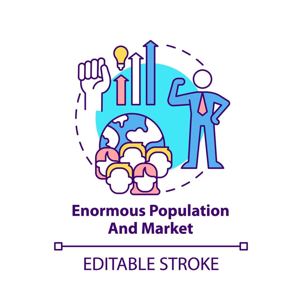 énorme icône de concept de population et de marché. délocaliser des affaires en asie idée abstraite illustration de ligne mince. dessin de contour isolé. trait modifiable. roboto-medium, myriade de polices pro-gras utilisées vecteur