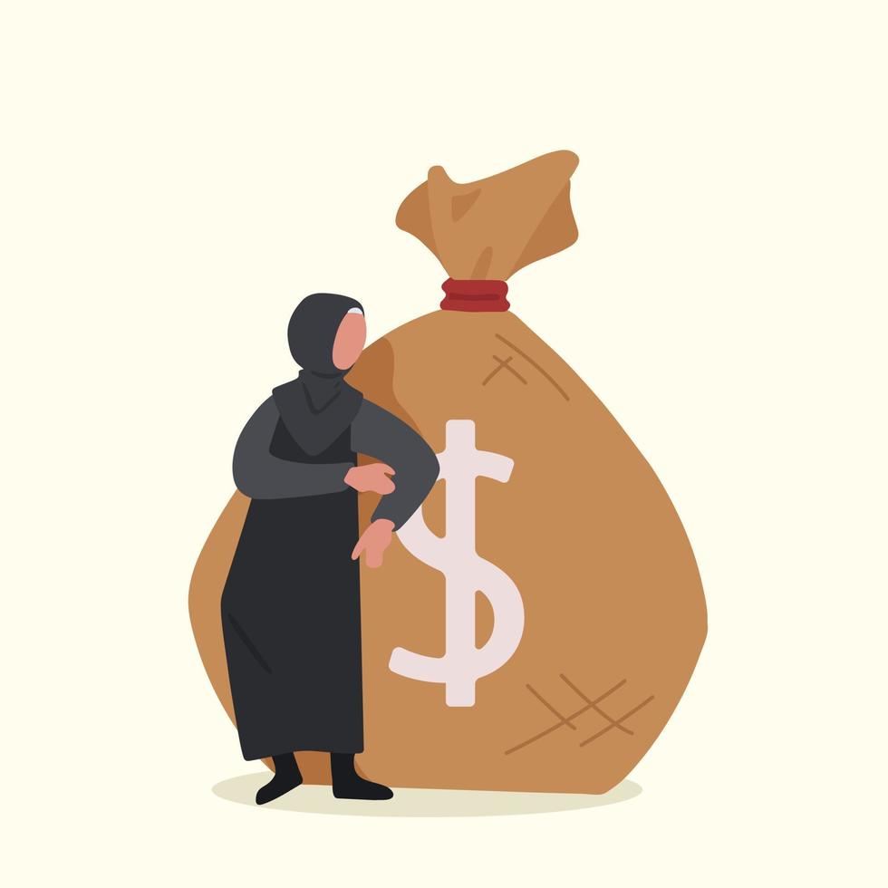 concept d'entreprise femme d'affaires arabe plate en hijab debout près d'un gros sac lourd avec signe dollar. gestionnaire féminin s'appuyant sur le sac d'argent. succès, carrière, réussite. illustration vectorielle de conception graphique vecteur