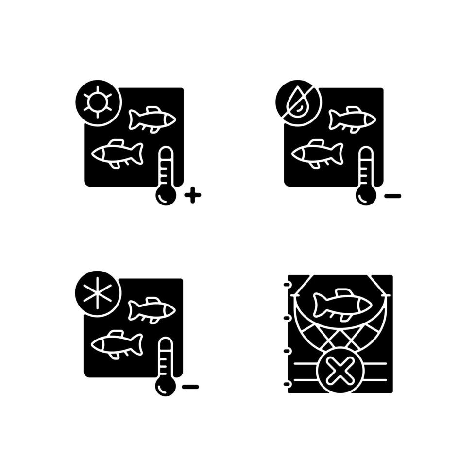 icônes de glyphe noir de stérilisation des produits de poisson définies sur l'espace blanc. traitement thermique et lyophilisation. traitement commercial. pêche illégale. symboles de silhouettes. illustration vectorielle isolée vecteur