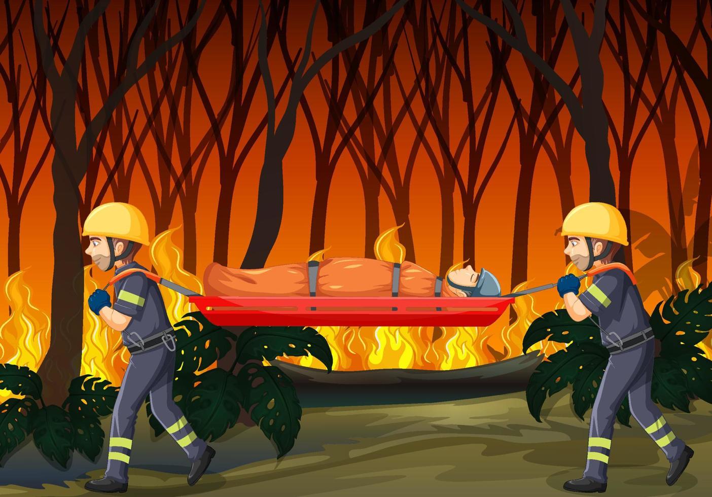 scène de feu de forêt avec sauvetage de pompier en style cartoon vecteur