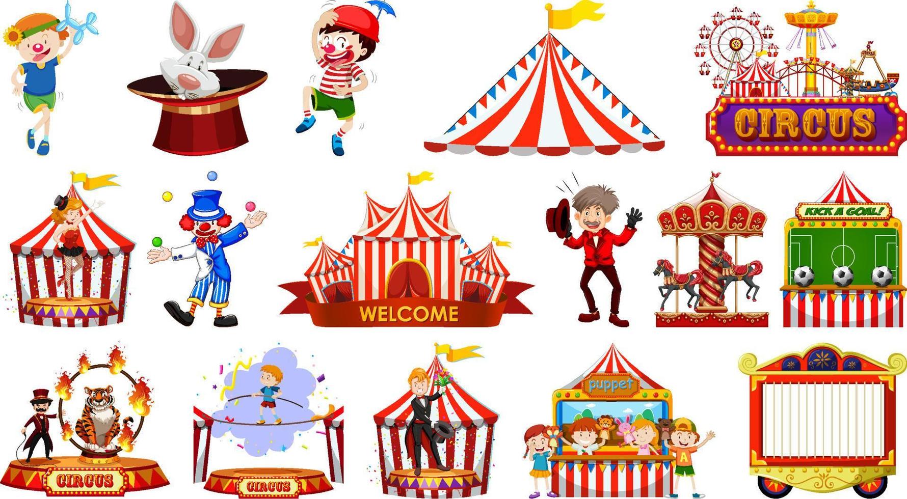 ensemble de personnages de cirque et d'éléments de parc d'attractions vecteur