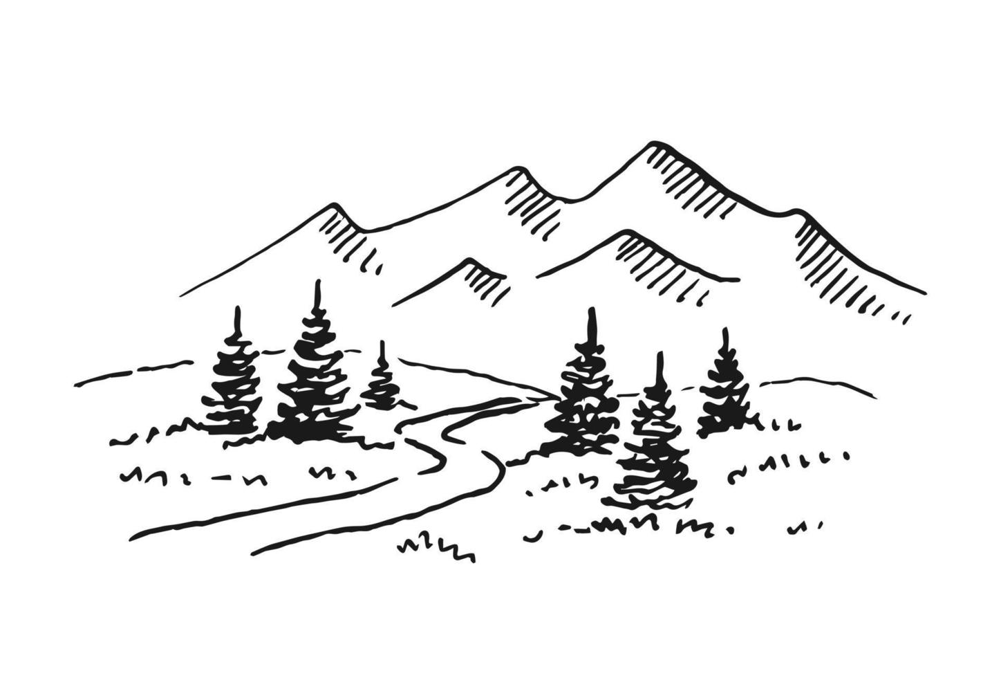 paysage avec montagnes et forêt. illustration dessinée à la main convertie en vecteur. vecteur