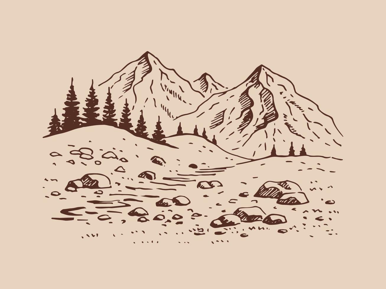 paysage avec montagnes et forêt. illustration dessinée à la main convertie en vecteur. vecteur