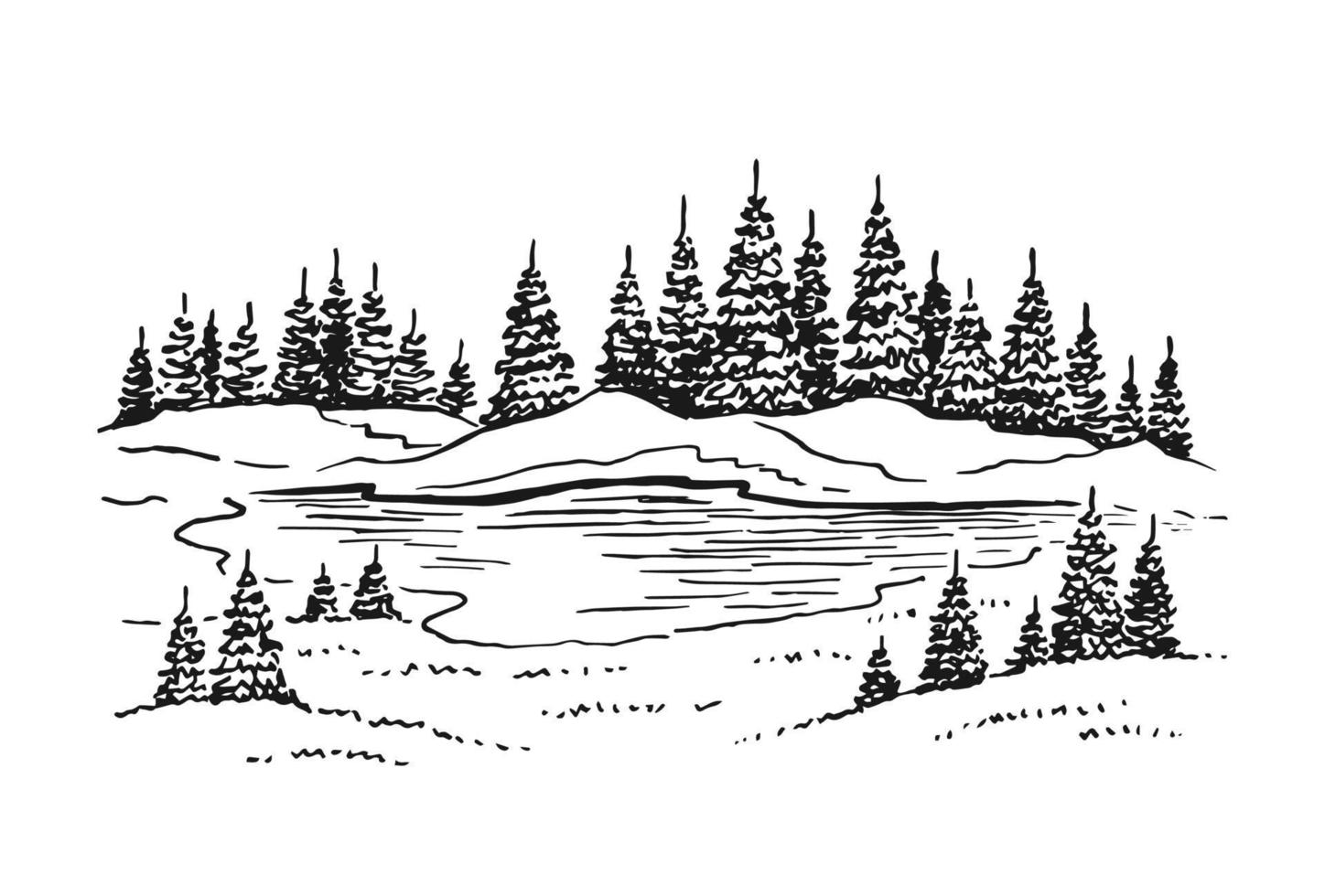 croquis de nature sauvage avec lac et forêt. illustration dessinée à la main convertie en vecteur. vecteur