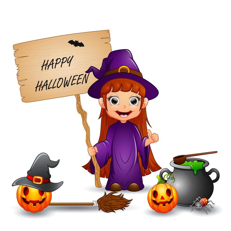 joyeux halloween avec une petite sorcière tenant une lettre en bois vecteur