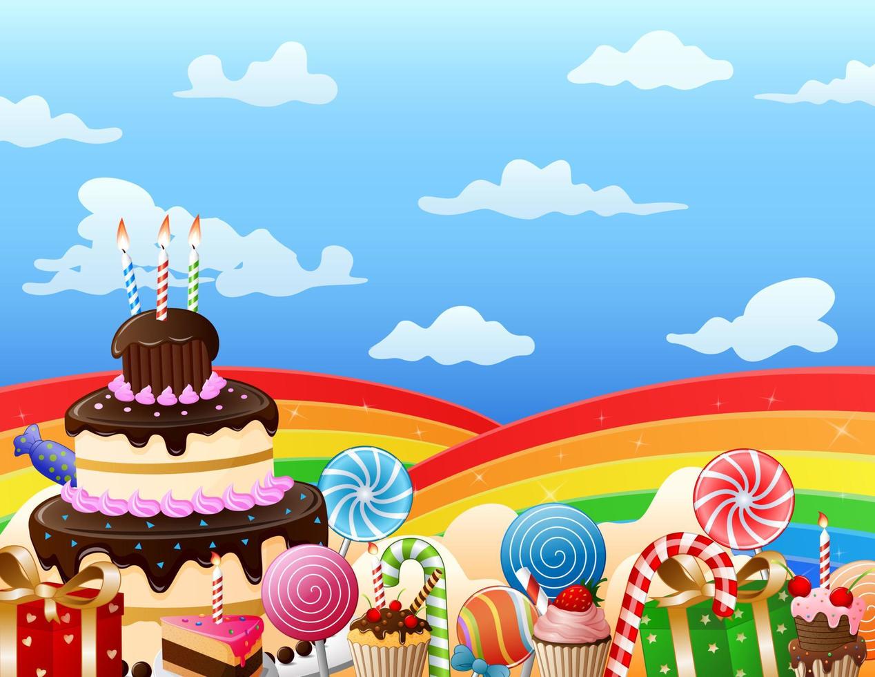 terre douce avec gâteau d'anniversaire et bonbons dans l'illustration du ciel vecteur