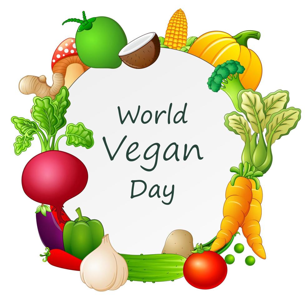concept de la journée mondiale des végétaliens heureux avec différents légumes sur le cadre vecteur