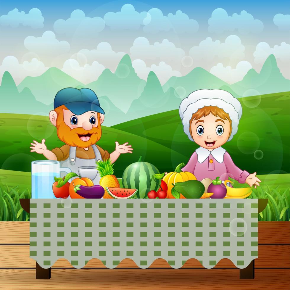 les fermiers mangeront les fruits frais sur la table vecteur