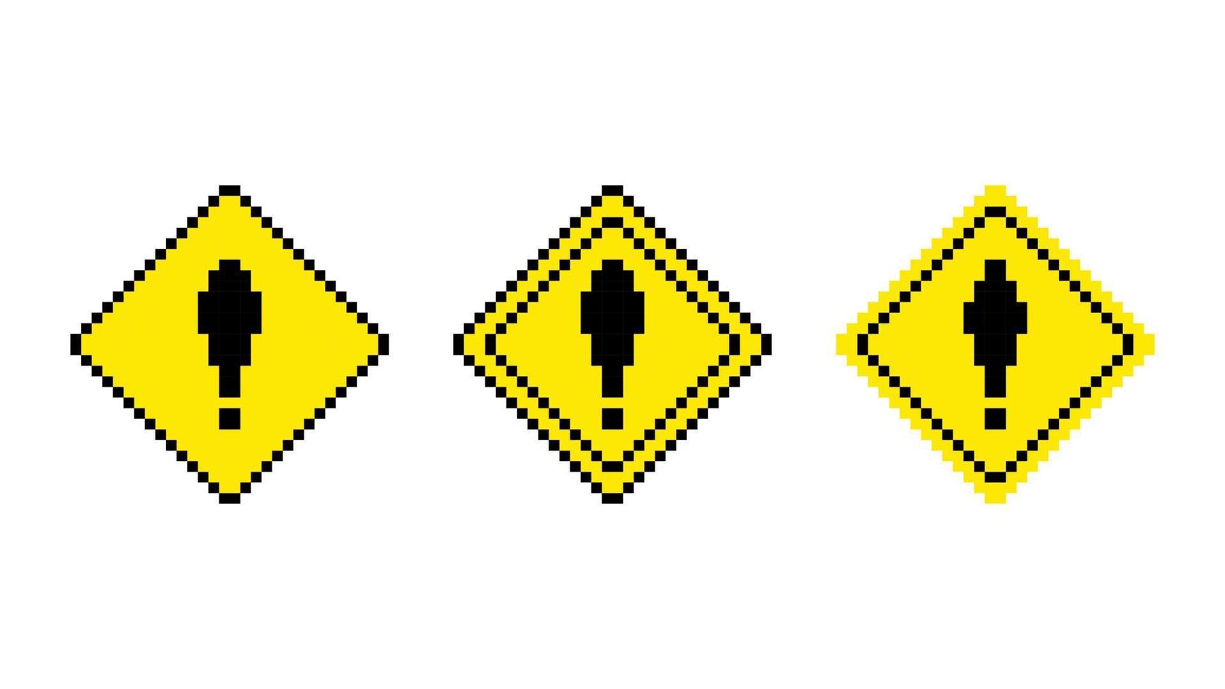 panneau de signalisation d'avertissement de pixel. losange jaune avec point d'exclamation noir d'attention et de prudence. informations sur les dangers dans la conception de vecteurs de jeu 8 bits. vecteur