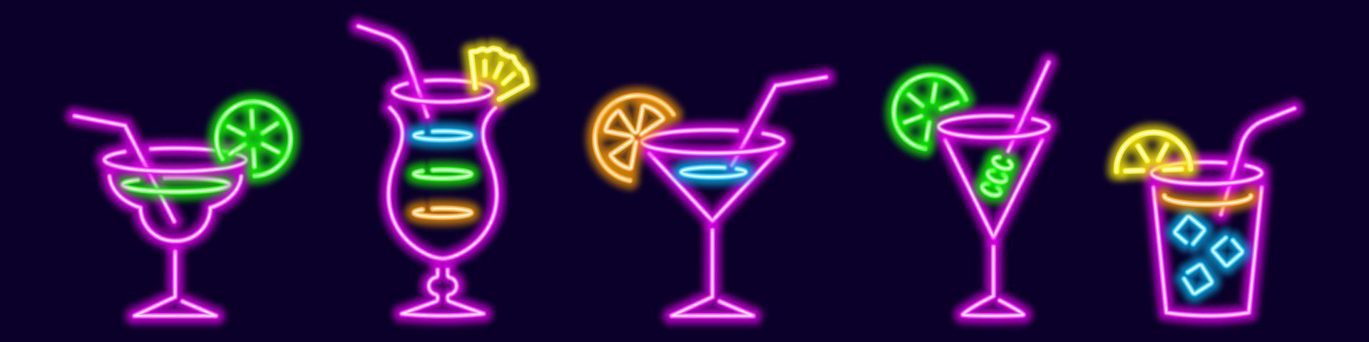 cocktails lumineux au néon populaires avec des pailles. pina colada lumineuse avec coin d'ananas et lever de soleil de tequila violet au citron. cuba libre coloré et tournevis vectoriel riche.