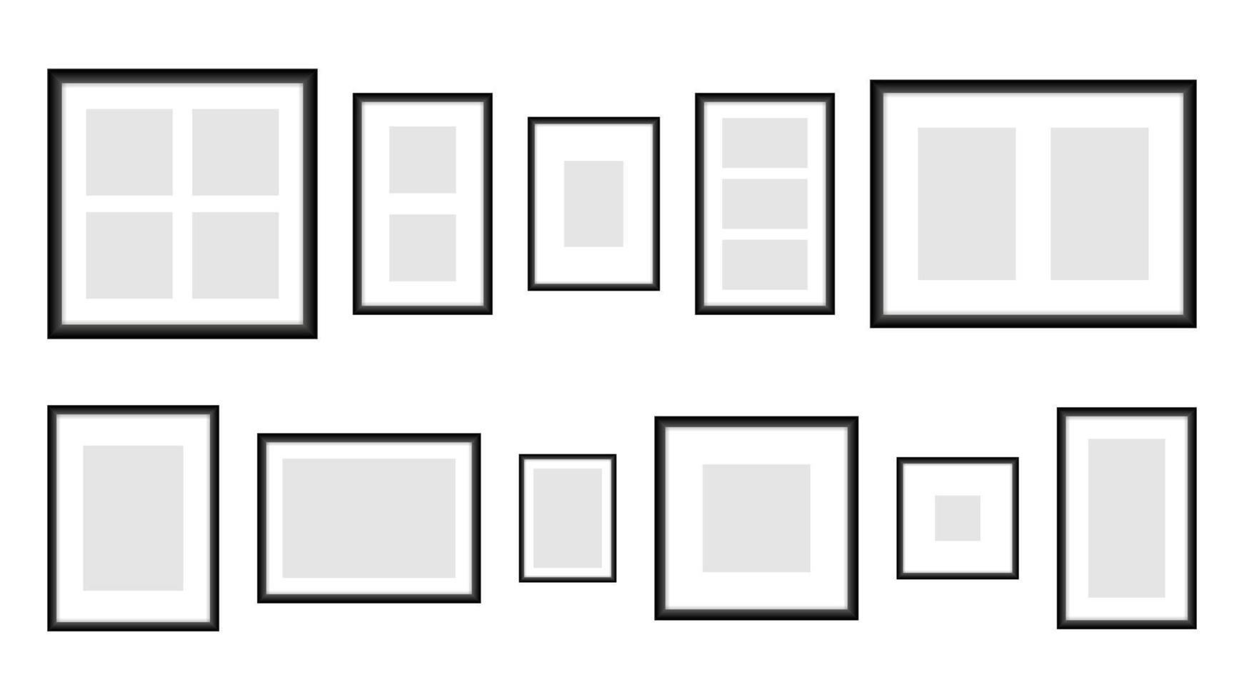 cadres photo noirs dans un modèle de différentes tailles. bannière verticale rectangulaire vierge avec centre gris vide. conception réaliste pour l'image et l'image vectorielle promotionnelle vecteur