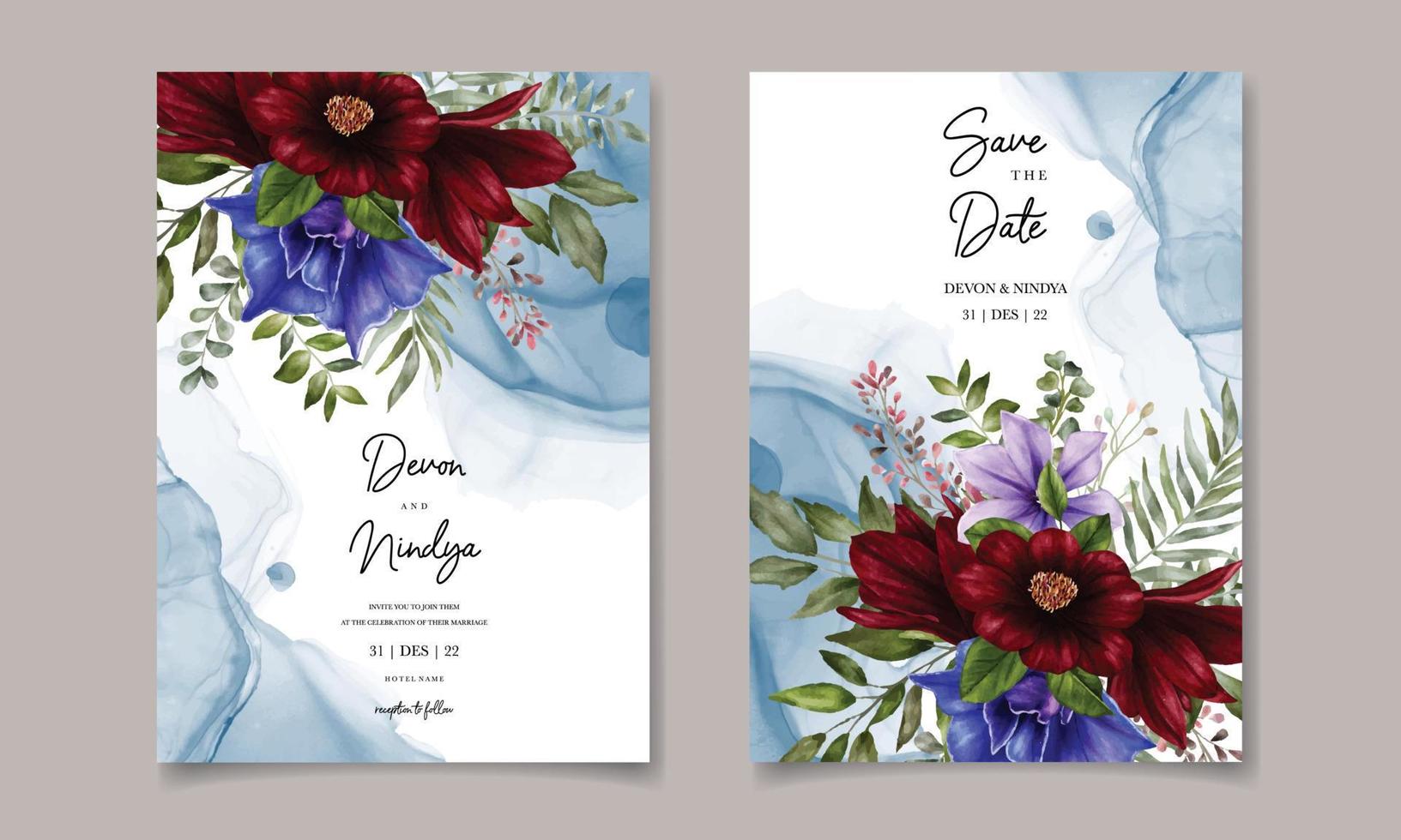 invitation de mariage élégante avec fleur aquarelle vecteur