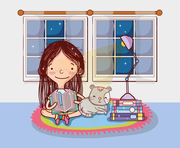 Fille avec des livres de dessins animés vecteur