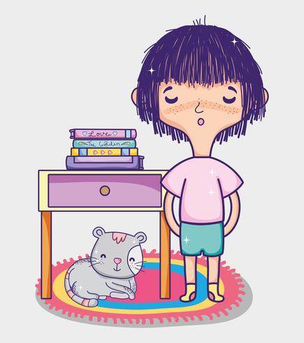 Fille avec des livres de dessins animés vecteur