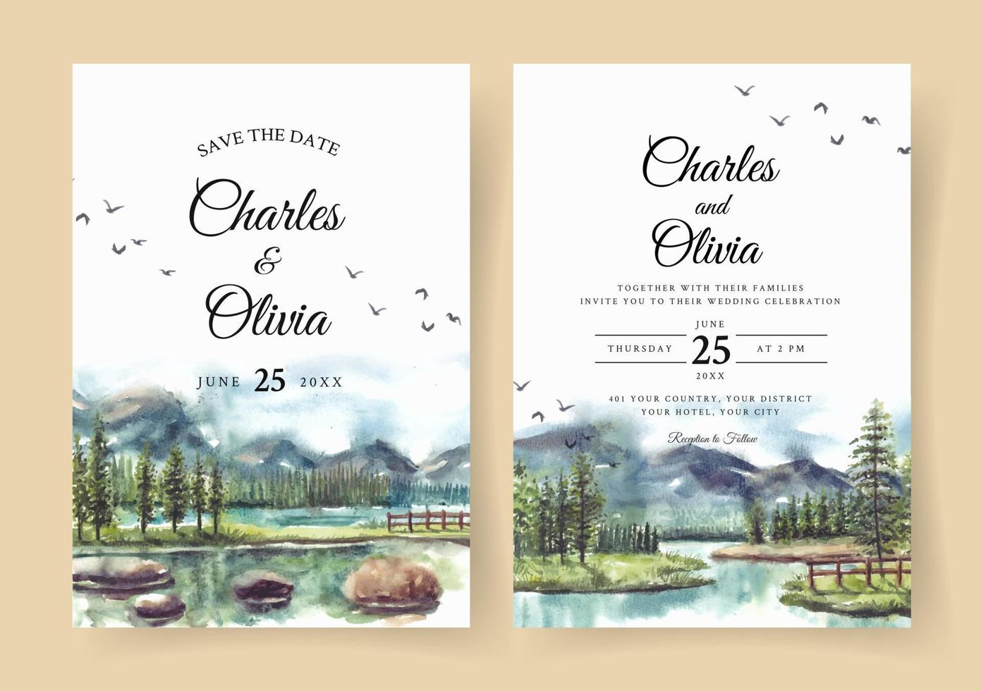 invitation de mariage aquarelle avec reflet de beaux pins et montagne dans le lac vecteur