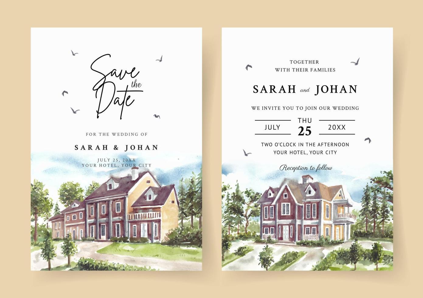 invitation de mariage de paysage naturel avec maison et jardin aquarelle vecteur