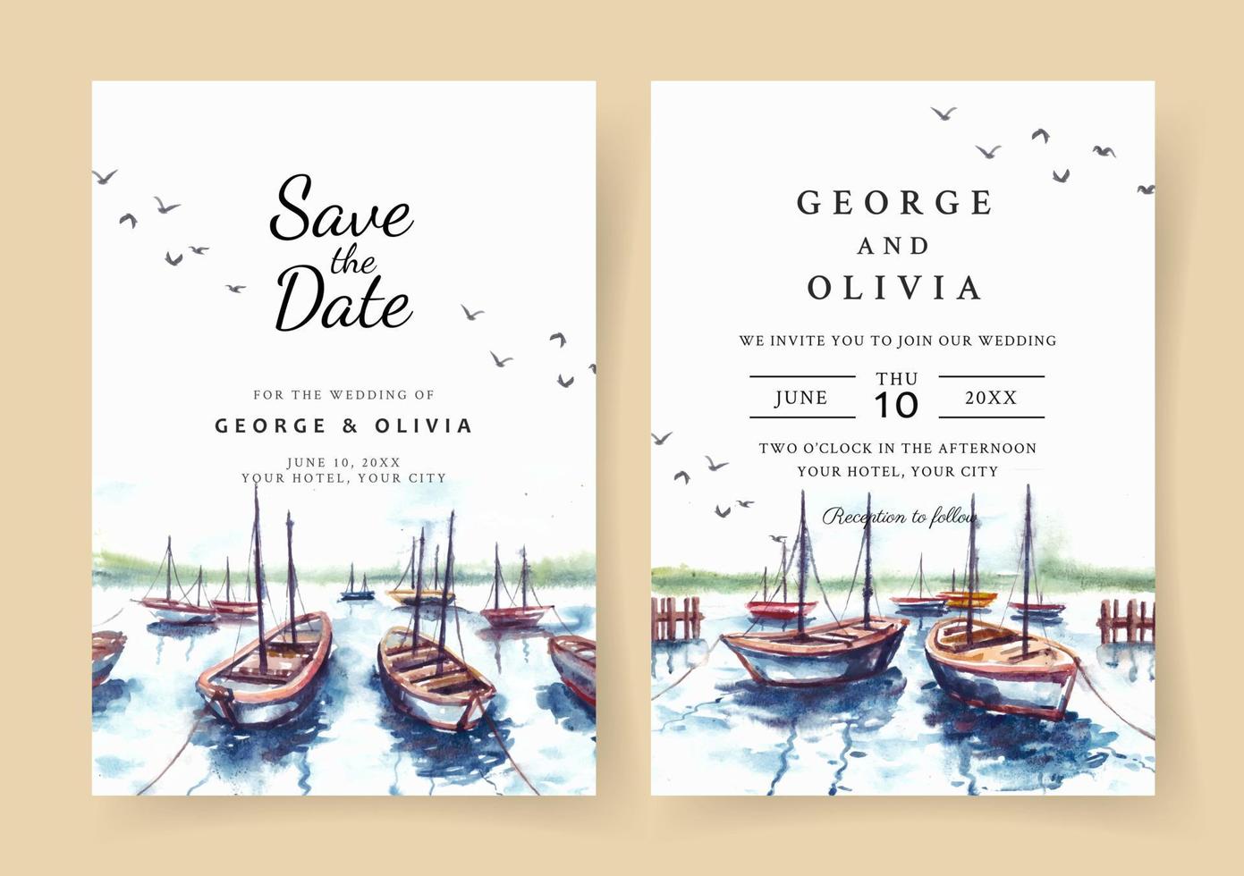 invitation de mariage aquarelle de paysage naturel avec port et aquarelle de bateau vecteur