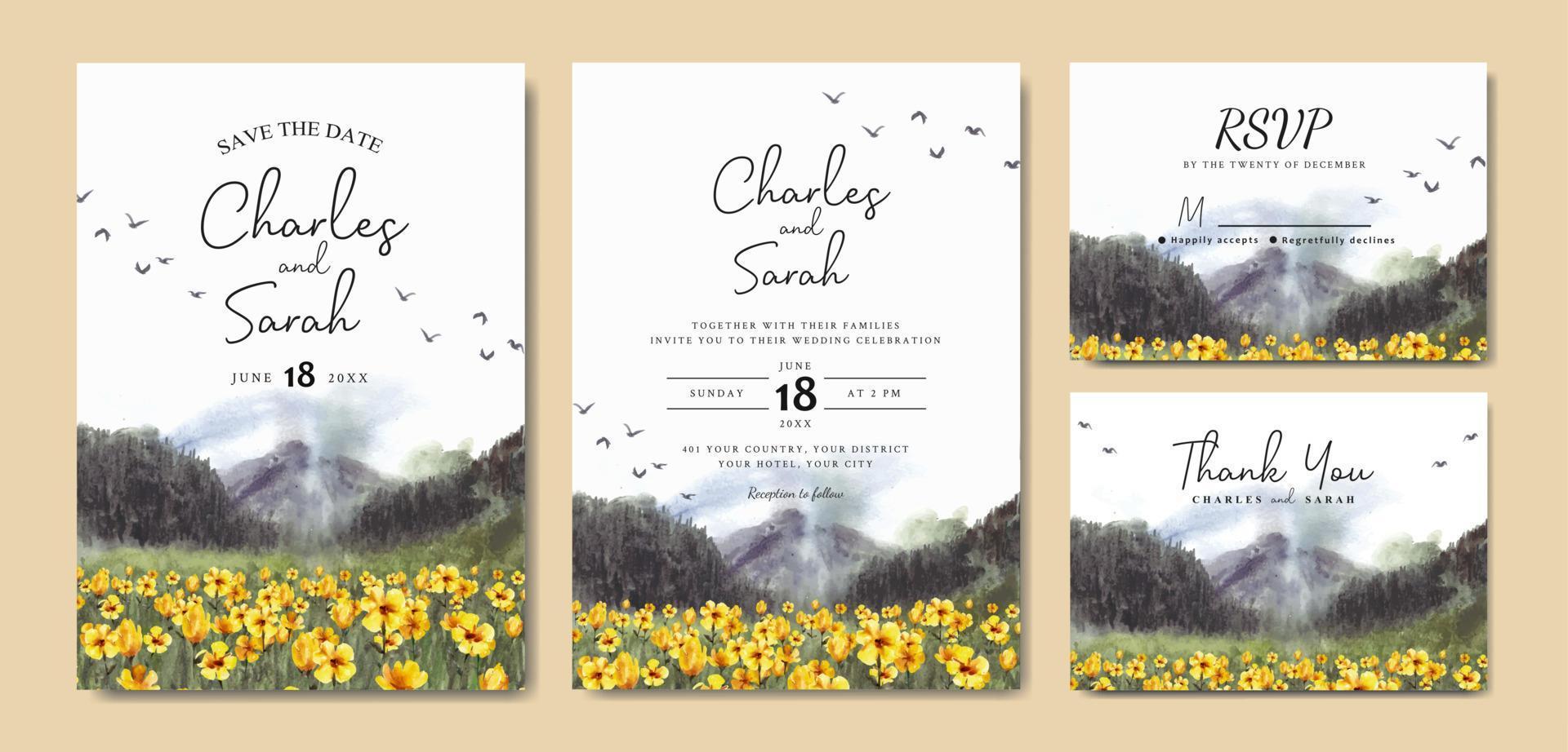 invitation de mariage aquarelle de paysage naturel avec de belles fleurs jaunes vecteur