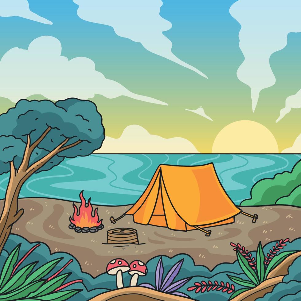 la vue de la tente de camping au lever du soleil vecteur