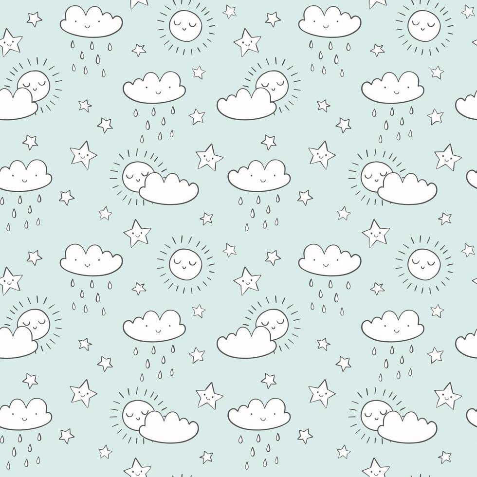 modèle de vecteur de ciel de doodle. joli soleil, nuages, étoiles et gouttes de pluie dessinés à la main. arrière-plan transparent.